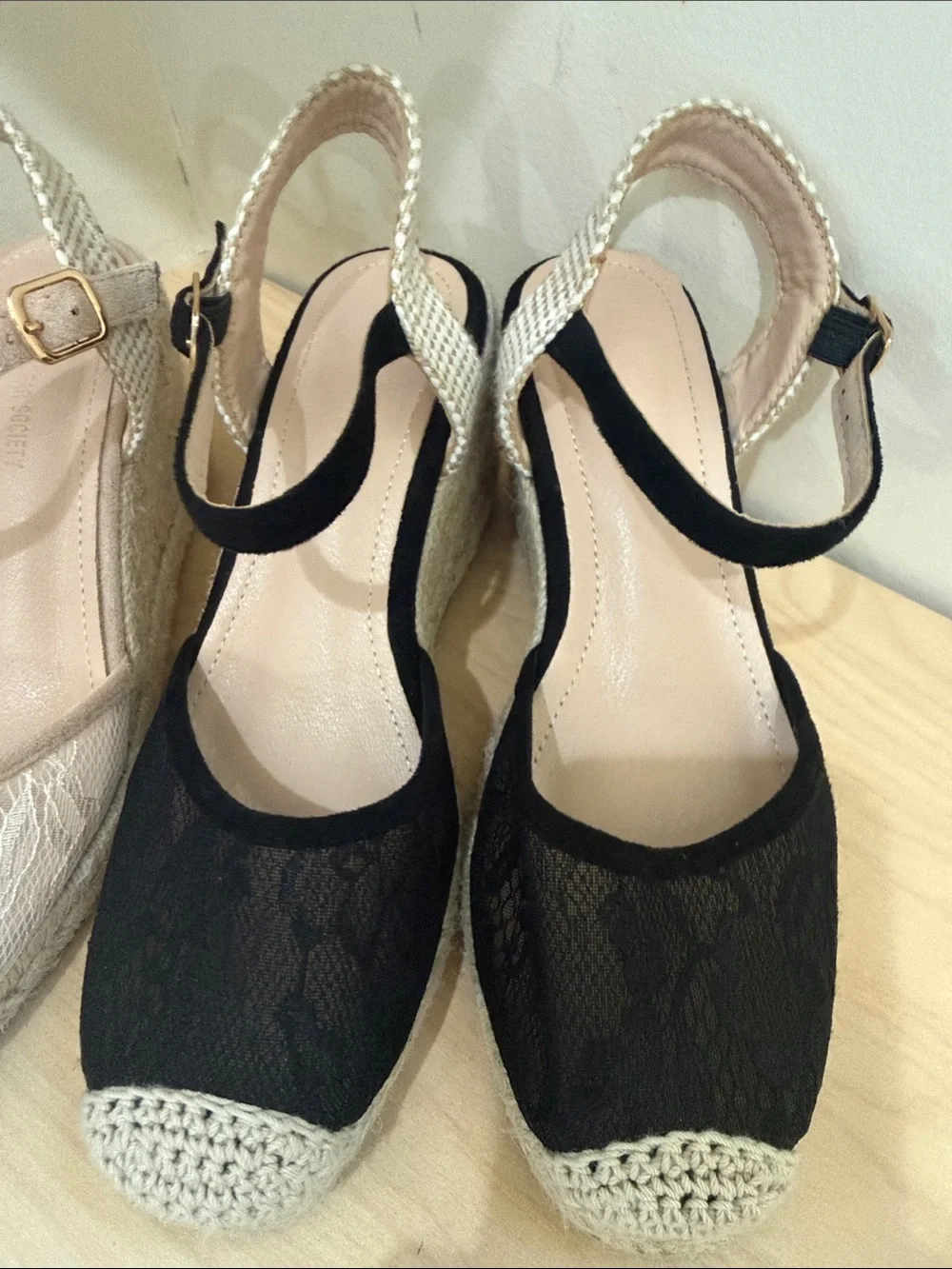 Charles & Keith Lace Espadrille Slingbacks in Beige and Black